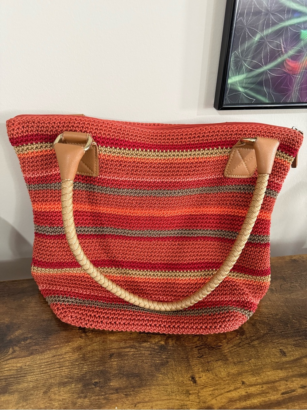 The Sak Multicolor Crochet Knit Bag with Tan Handles